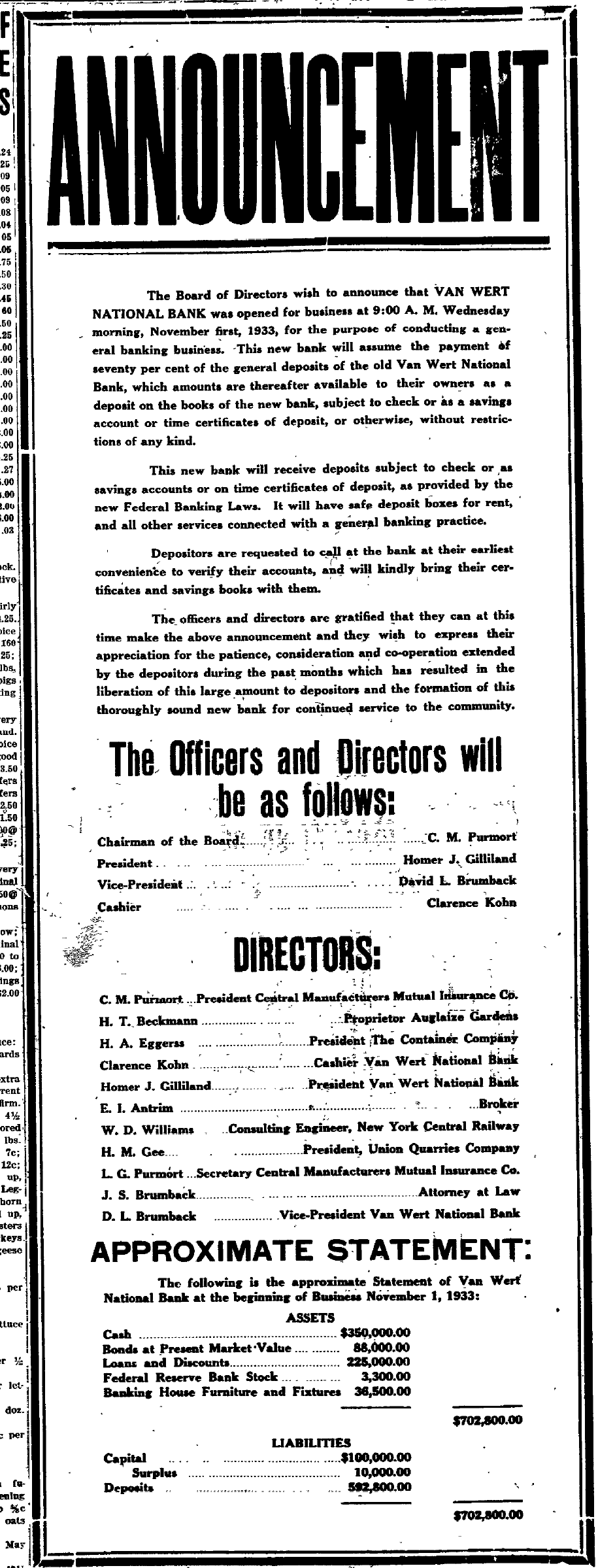 Article on the bank's reopening during the Great Depression